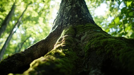 Fototapeta premium Tree trunk covered in green moss, sunlight filtering through leaves, nature photography, Earth Day celebration, environmental awareness, serene forest scene.