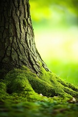 Obraz premium Tree trunk covered in lush green moss, symbolizing Earth Day, nature conservation, forest beauty, environmental awareness, peaceful outdoor scenery.