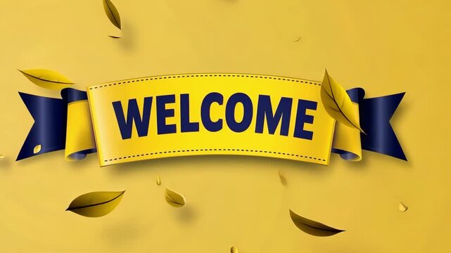 Vector illustration of a ribbon banner with the word "WELCOME" on a yellow background. The design is simple, with basic shapes, lines, and low-level details. The colors are flat, and the shading is al