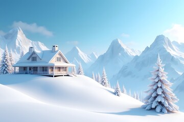 Fototapeta premium Snow-covered house in the mountains with a winter landscape and trees