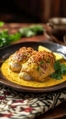 Arranged plate of ketupat and opor ayam, served with a rich coconut curry sauce