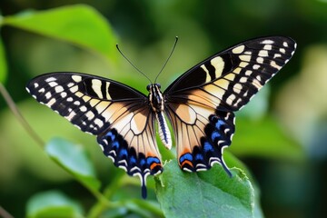 Fototapeta premium A colorful butterfly perched on a green leaf, natural setting