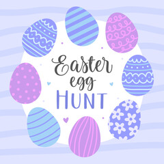 Easter egg hunt. Cute card for Easter. Various blue and purple Easter eggs with patterns on a light blue background.