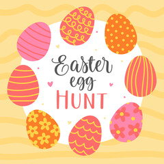 Easter egg hunt. Cute card for Easter. Various pink and orange Easter eggs with patterns on a yellow background.