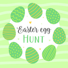 Easter egg hunt. Easter eggs with patterns on a light green background.