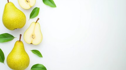 Fresh Juicy Pears with Green Leaves on White Background