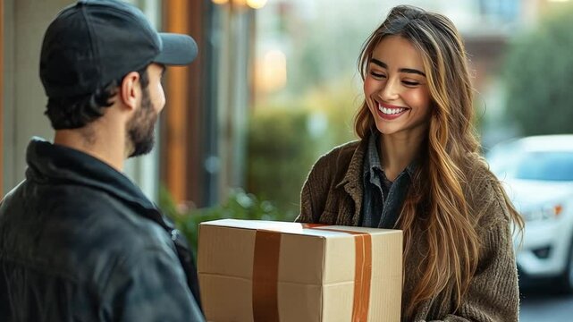 A man is handing a woman a box