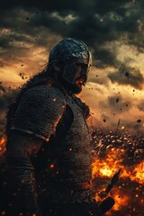 Fototapeta premium Warrior in armor, standing against a fiery battlefield, dramatic sunset, strength, courage, medieval fantasy, epic adventure, historic battles, action photography.
