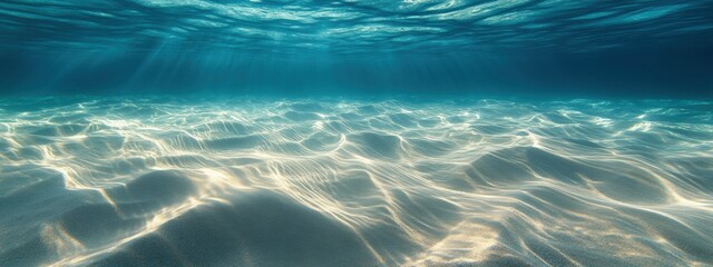 Underwater light caustics dance across rippled sand, creating dynamic patterns on the seabed in a clear ocean environment