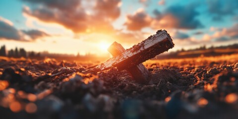 Naklejka premium Rustic Redemption Weathered Wood Cross at Sunset - Holy Monday Spiritual Landscape for Contemplative Wellness and Mindful Marketing Design