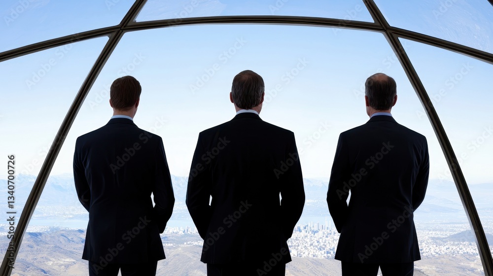 Poster three men in suits stand facing an expansive view, framed by a modern architectural structure, sugge