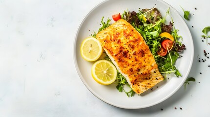 Cooked salmon fillet with salad and lemon on plate