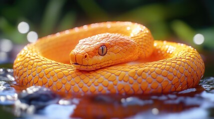 Fototapeta premium A yellow snake sits atop the surface of calm water, with ripples and reflections adding depth to the scene