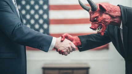 Conceptual image of a businessman shaking hands with a devil-headed figure in a suit, symbolizing corruption, power, and unethical deals.  
