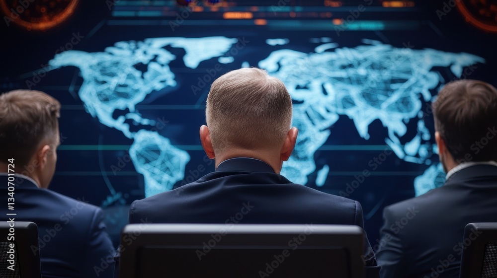 Poster three individuals observe a global map displayed on a screen, suggesting a strategic or analytical c