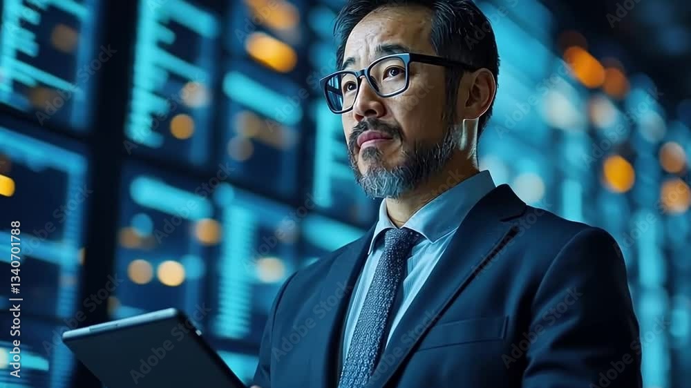 Poster A man in a suit holding a tablet in front of a computer monitor