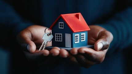 New Home Ownership:  A Pair of Hands Gently Hold a Miniature House and Keys, Symbolizing the Dream of Homeownership and Security.