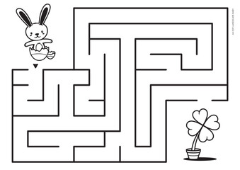 bludiste_A4_landscapeVector black lines for maze print. A4 format. Educational maze coloring book with a cute cartoon easter bunny looking for four leaf clover. Landscape size._009_BABY
