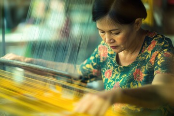 Woman working on a traditional weaving machine