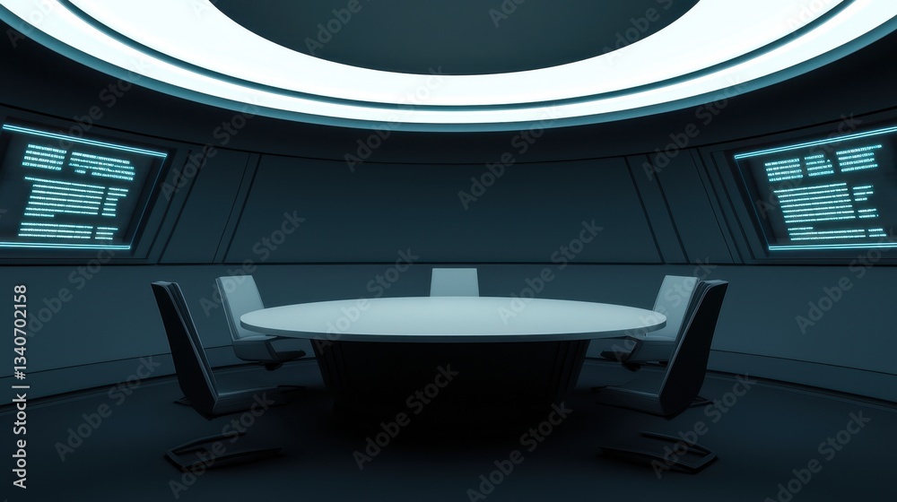 Poster a sleek, futuristic meeting room featuring a round table and high-tech screens, set in a dimly lit e