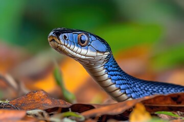 Naklejka premium A close-up view of a blue snake lying on the ground, its body curved in a natural pose