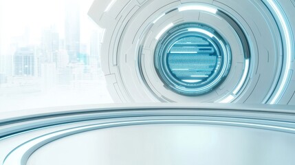 A futuristic, abstract space featuring circular elements and blue accents, suggesting a high-tech environment.