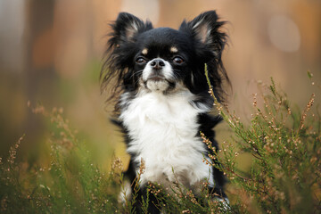 cute long haired chihuahua dog portrait in heather in summer