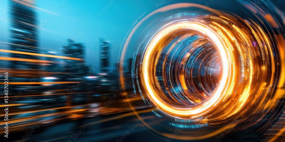 Poster a vibrant, dynamic image showcasing a circular pattern of glowing lights against a blurred city skyl