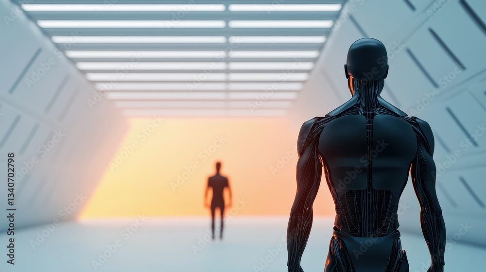 Poster a futuristic scene with a humanoid robot facing a human silhouette in a sleek, illuminated environme