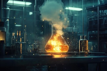 A science experiment gone wrong with flames and smoke filling the laboratory