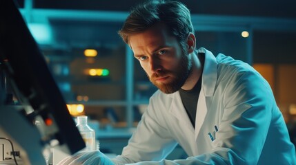 A focused scientist is working in a science laboratory setting