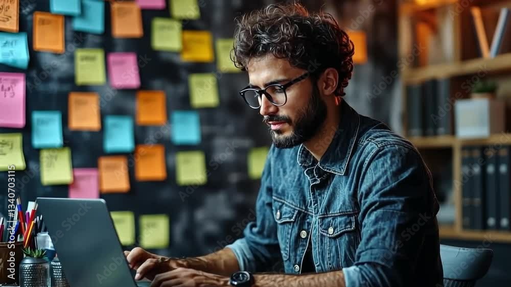 Poster a man is typing on a laptop in front of a wall covered in colorful sticky notes