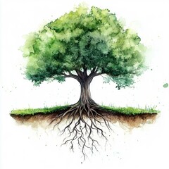 green tree on white background, green tree with roots, watercolor