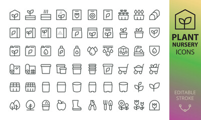 Plant nursery icons set. Set of garden center, hotbed, seeds, greenhouse, perlite, turf, soil bag, peat, black plastic pots, agrotextile, plastic cellular cassette for seedlings, ornamental trees icon