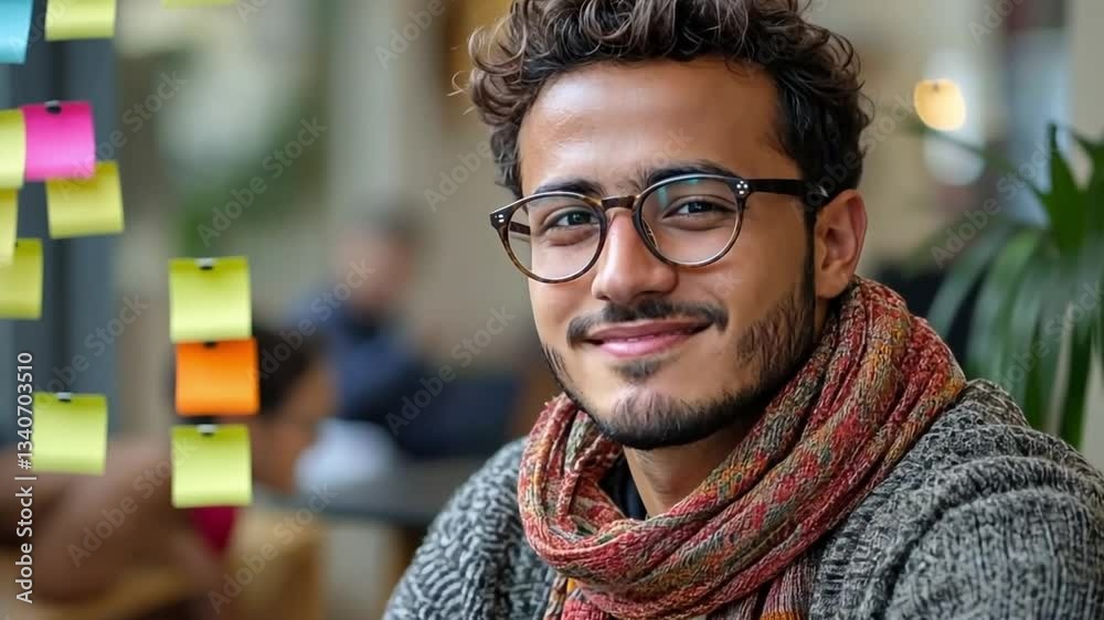 Poster a man with glasses and a scarf is sitting at a table with a laptop