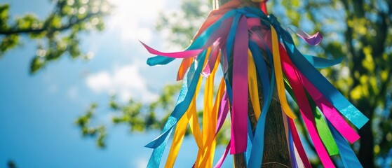 A decorative pole with a bundle of vibrant ribbons hanging down