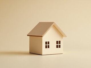 Minimalist Wooden House Model on Beige Background.