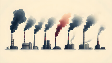 Minimalist 2D vector illustration of industrial factory with smoke and gray clouds