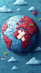 Obraz premium Isometric illustration of Earth with cracks and bandage symbolizing environmental distress