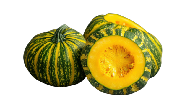 Sweet dumpling squash showing its vibrant yellow flesh on transparent background