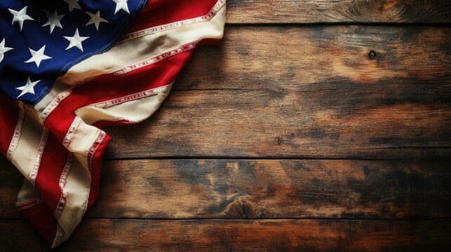 A classic American flag laid out on a rustic wooden table