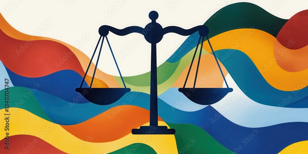 Poster A colorful abstract background featuring a balanced scale symbolizing justice and equity.