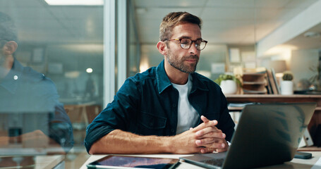 Businessman, journalist and research with laptop in office, information and news for publication....