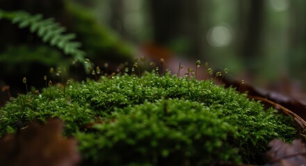 Moss Growing with Water Droplets in Woodland Environment Close Up