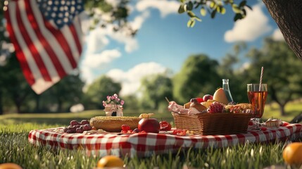 A picnic table set with a basket of fresh fruit and a basket of bread, perfect for a casual outdoor gathering