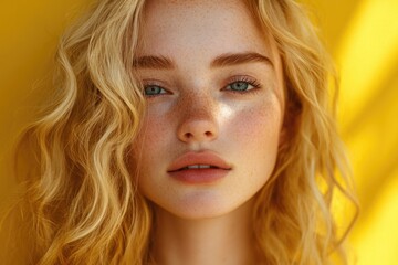 A close-up shot of a woman's face with distinct freckles, suitable for portraits and personal use