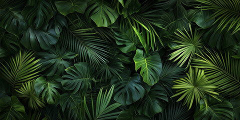 A serene scene of dark green tropical palm tree leaves background. 