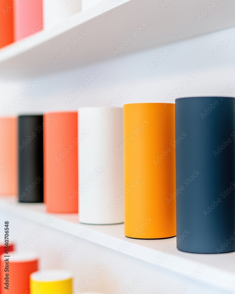 Aufkleber minimalist color block design sleek cylindrical merchandise display showcasing modern brand aestheti