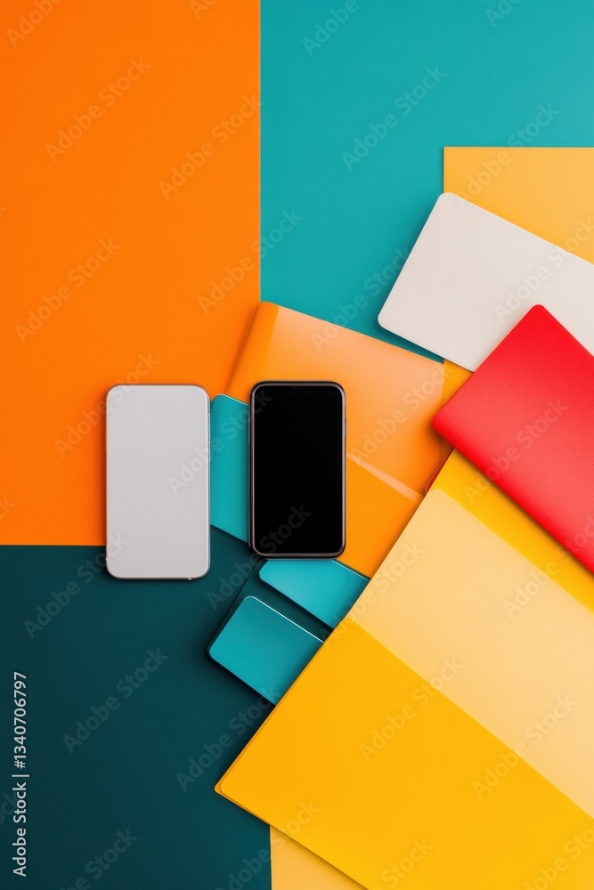 Aufkleber Geometric Digital Flow Vibrant Minimalist Tech Mockup Showcasing Sleek Mobile Interface Design in Neo-Memphis Color Blocking for Modern UX Creativity