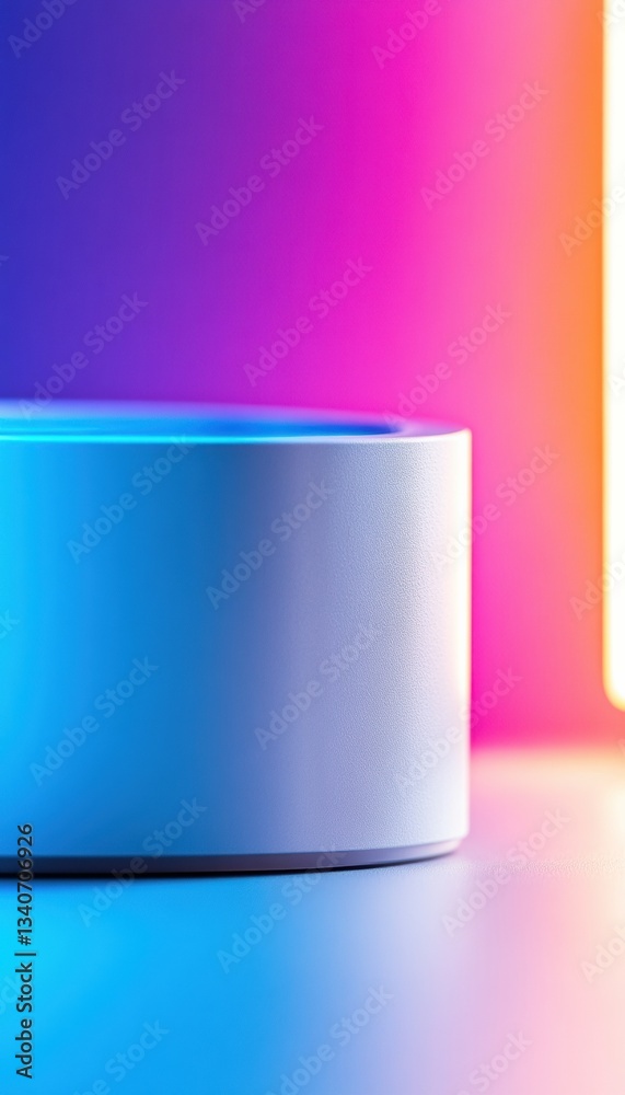 Poster Futuristic Tech Minimalism Sleek Cylindrical Smart Device Showcasing Vibrant Digital Gradient Design for Next-Gen Innovation and Immersive Brand Experience
